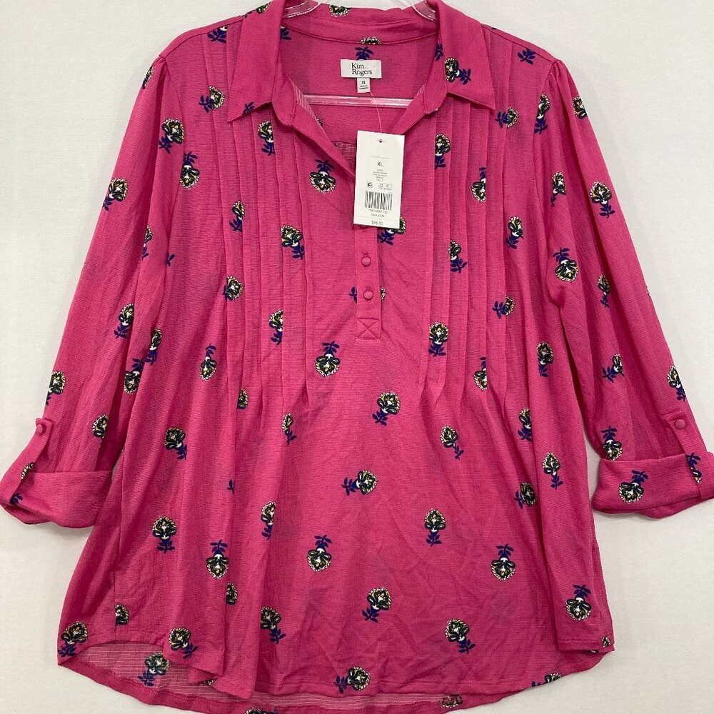 New Kim Rogers size XL Pink Floral Pintuck Stretch Rolled Sleeve Popover Blouse